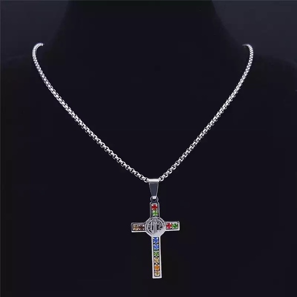 Stainless Steel Crystal Cross Pendant Necklace - Picture 5 of 12